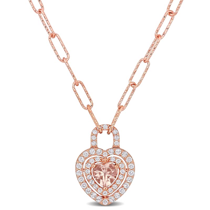 Miadora Morganite and White Topaz Double Halo Heart Necklace in Rose Plated Sterling Silver