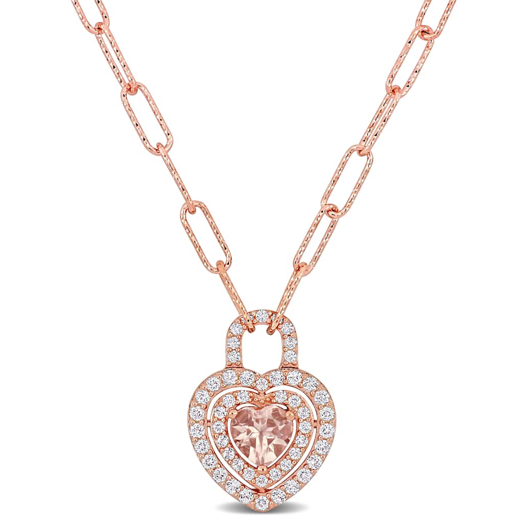 Miadora Morganite and White Topaz Double Halo Heart Necklace in Rose Plated Sterling Silver