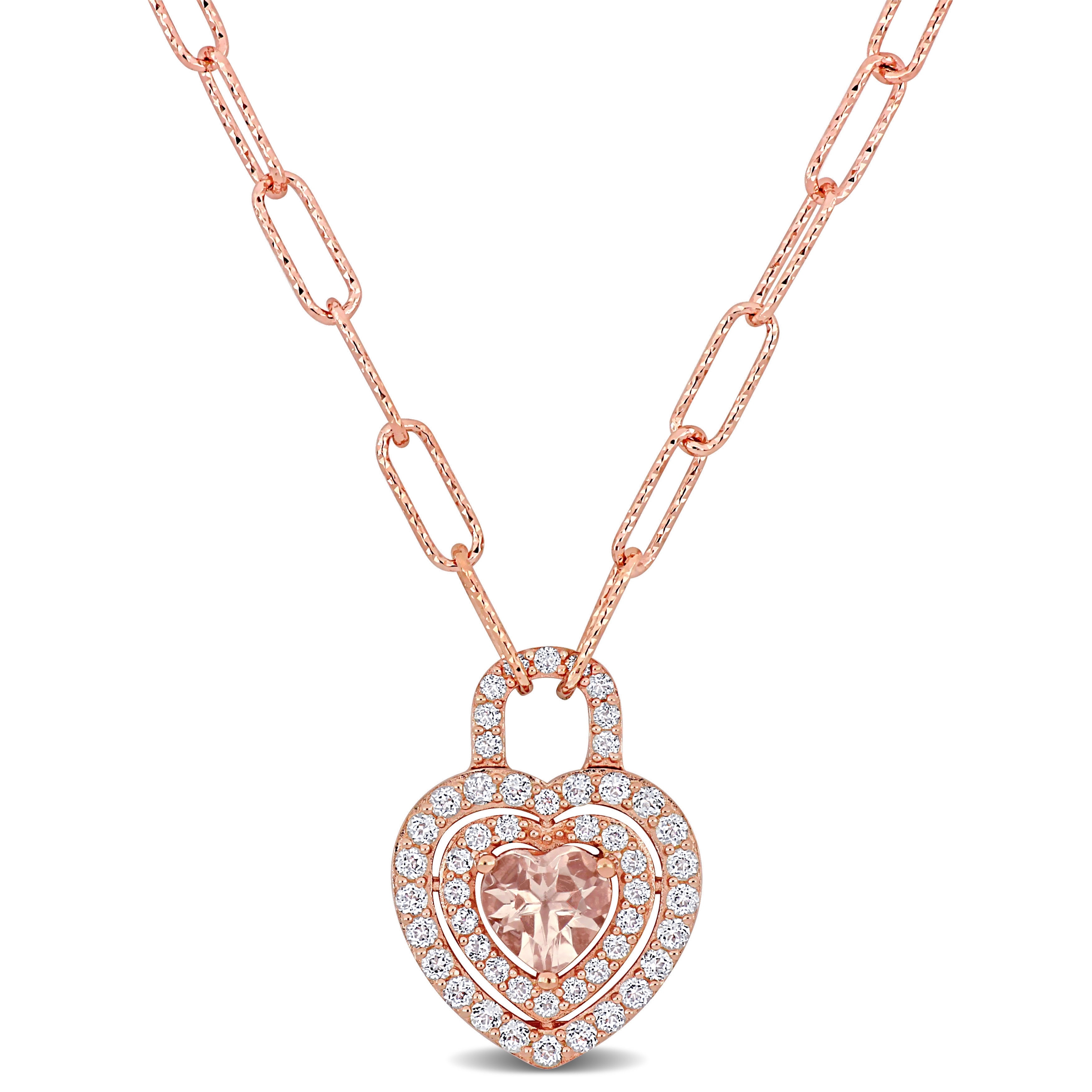 Miadora Morganite and White Topaz Double Halo Heart Necklace in Rose Plated Sterling Silver