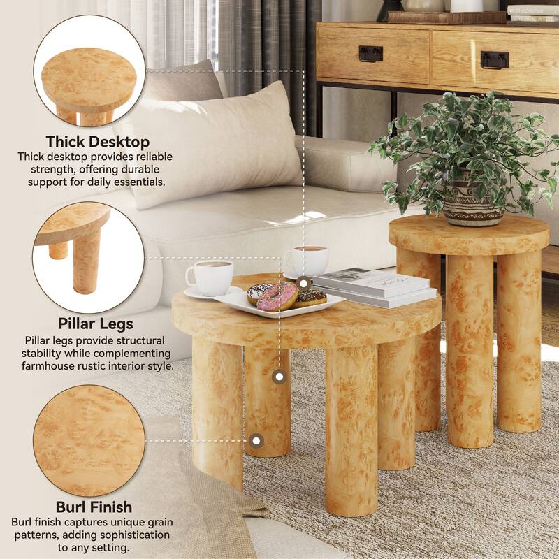 COZAYH Farmhouse Round Nesting Coffee Table Set of 2, Modern Rustic Pillar-Leg Accent Tables with Burl Wood Finish