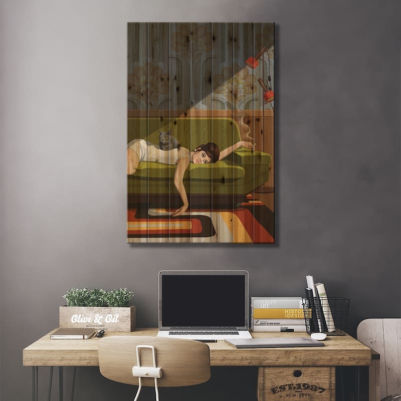 Waiting Game Print On Wood by Artcatillustrated - Multi-Color