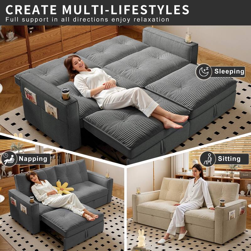 Multi-Functional Corduroy Loveseat Couch Convertible Sleeper Sofa Bed with Cup Holders and Side Pockets for Sitting, Sleeping