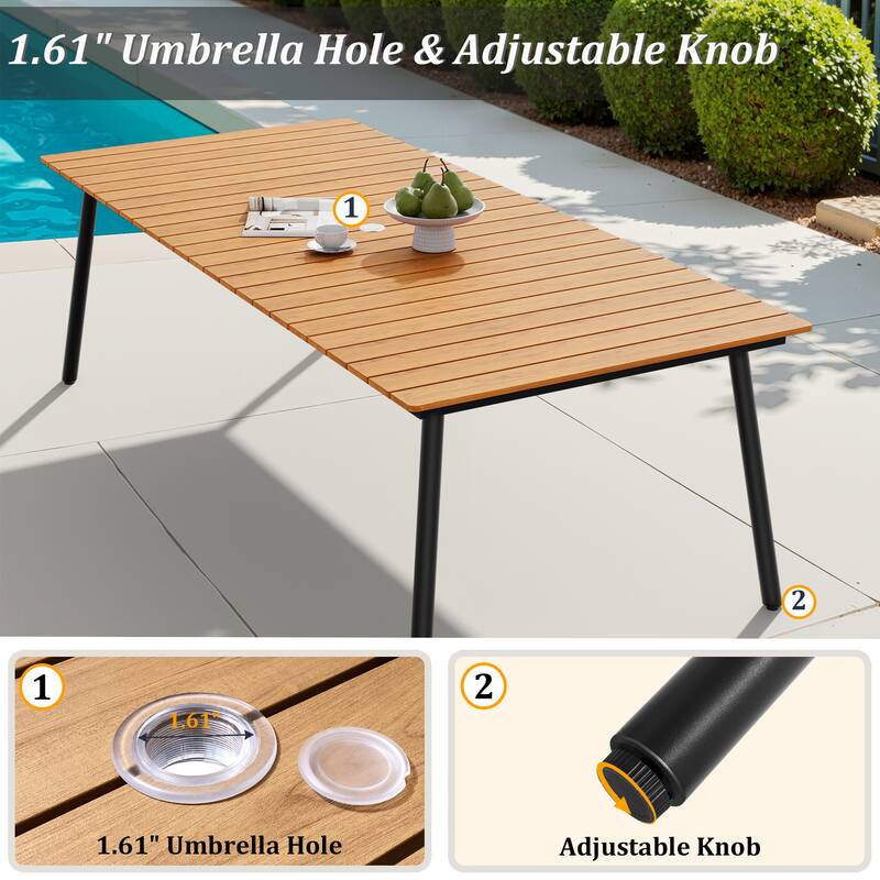 94.5in Outdoor Patio Rectangle Aluminum Wood-Like Dining Table with Umbrella Hole