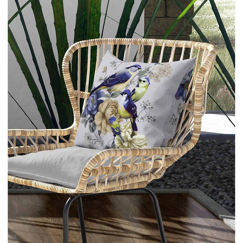 Petal Perched Birds Indoor/Outdoor Reversible Throw Pillow Silver and Blue
