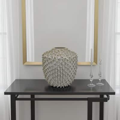 Akira Round Accent Vase with Studded Details, White Ceramic 12 Inch