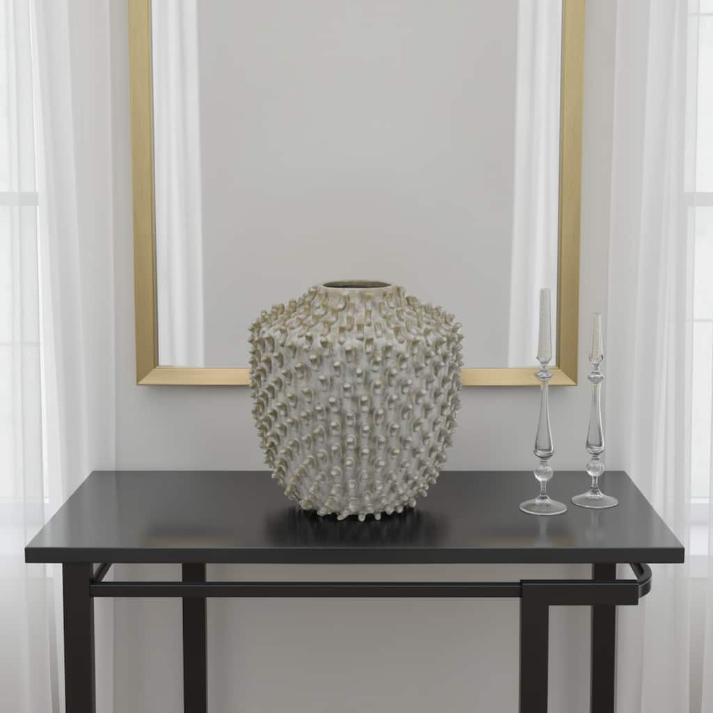 Akira Round Accent Vase with Studded Details, White Ceramic 12 Inch
