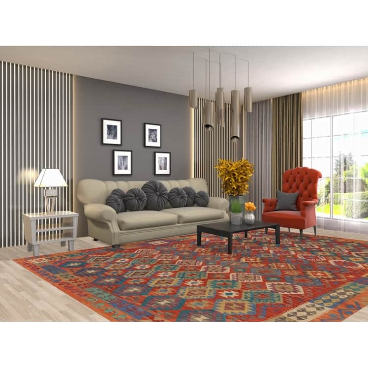 Geometric Trellis Kilim Oriental Area Rug Flatweave Orange Wool Carpet - 8'6"x 11'5"
