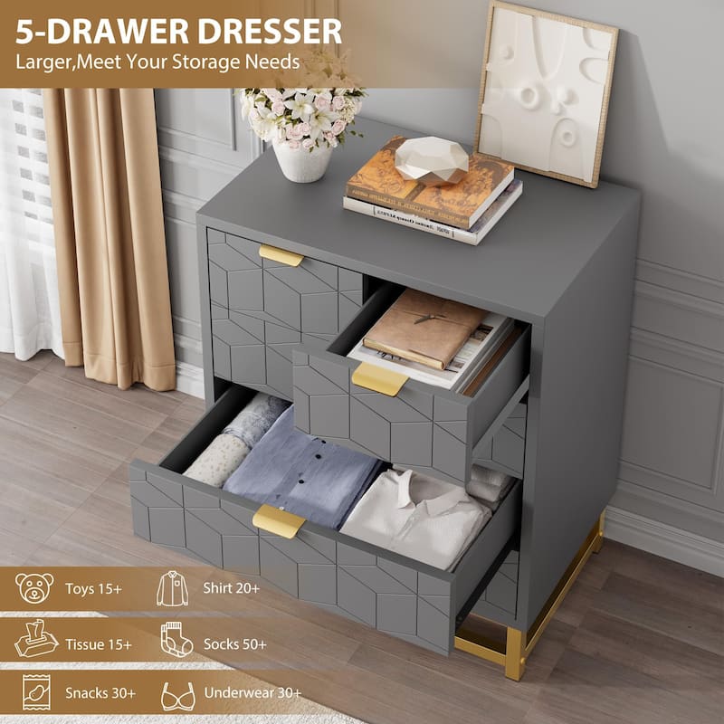 5 Drawer Dresser, Chest with Metal Base, Modern Organizer Cabinet for Bedroom, Living Room, Hallway