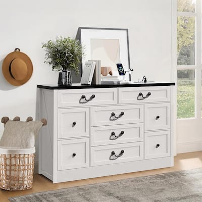 Farmhouse 9 Drawer Dresser with Charging Station for Living Room, Bedroom