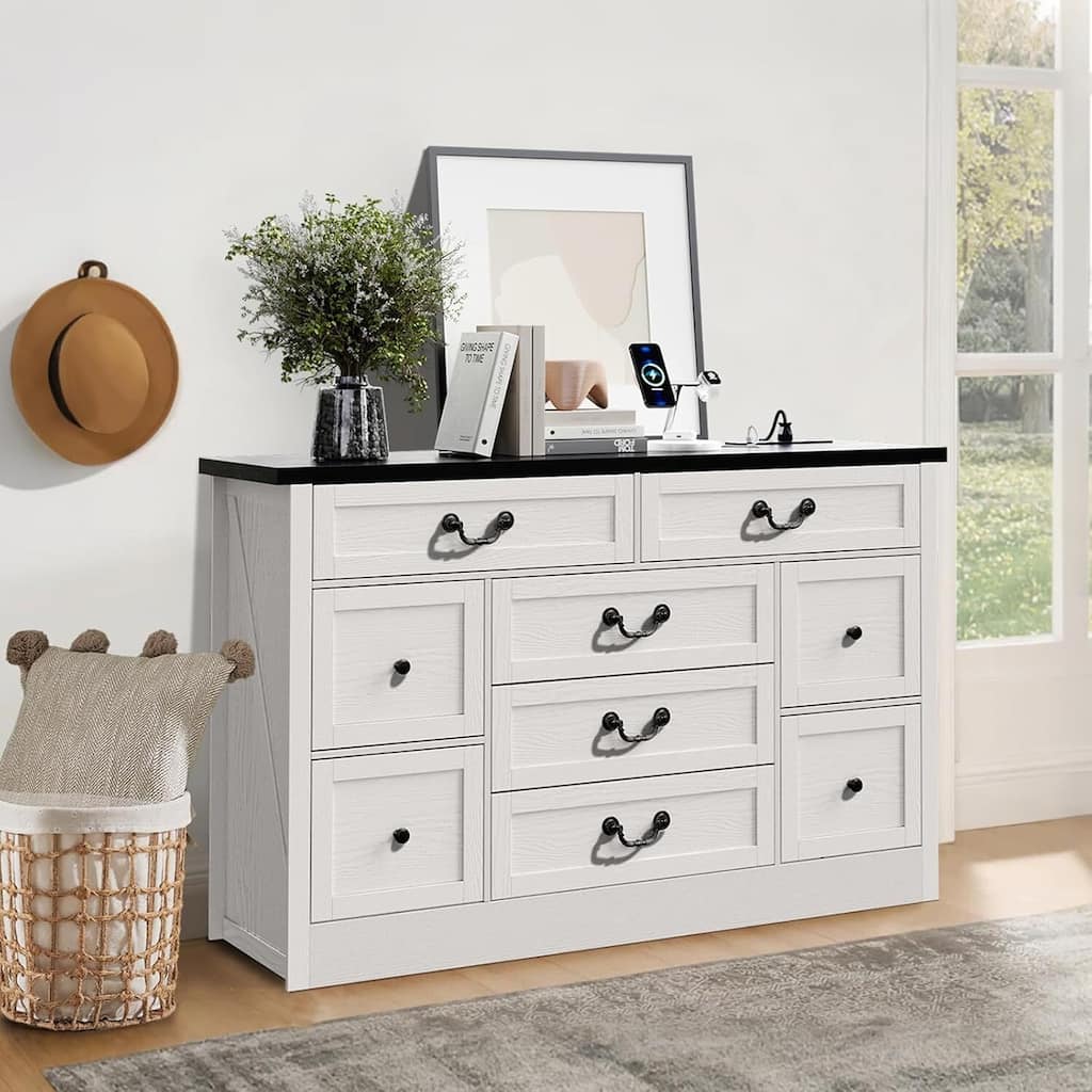 Farmhouse 9 Drawer Dresser with Charging Station for Living Room, Bedroom