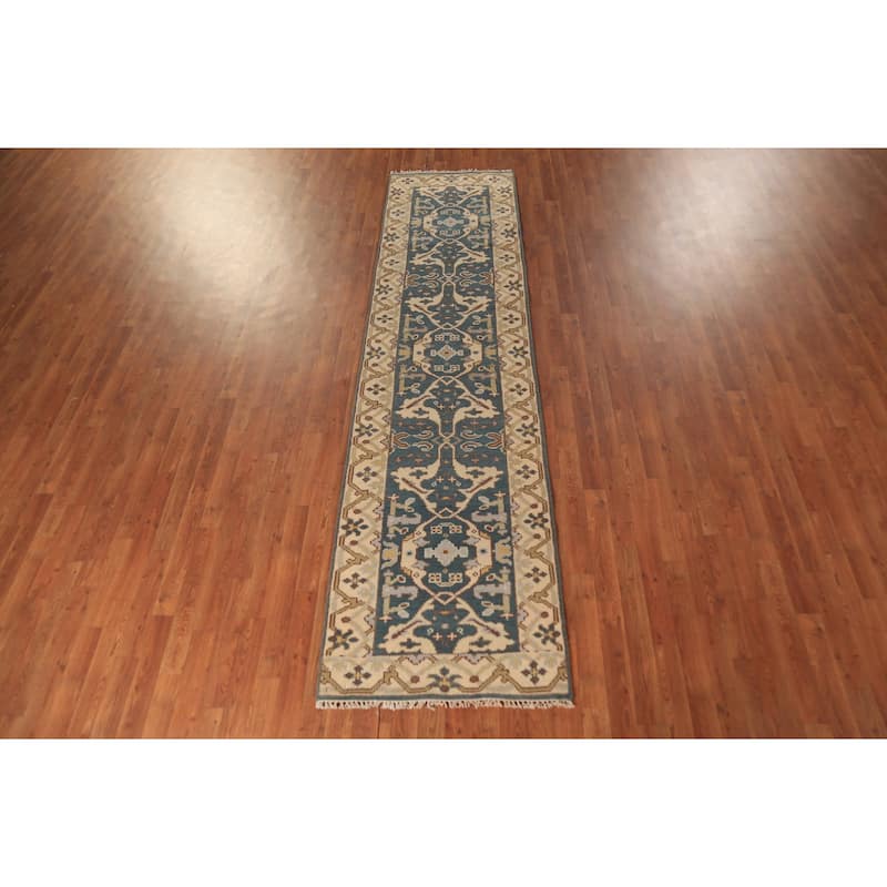 Light Blue Oushak Indian Runner Rug Handmade Wool Carpet - 2'7" x 10'2"