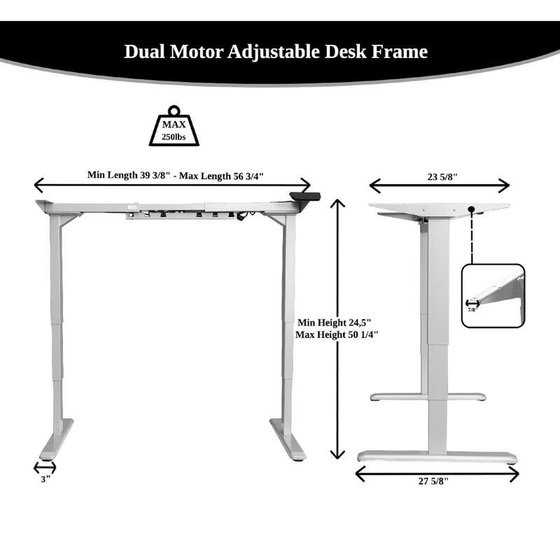 ErgoMax Office Grey Electric Height Adjustable Desk Frame w/Dual Motor, Tabletop Not Included, 50 Inch Max Height