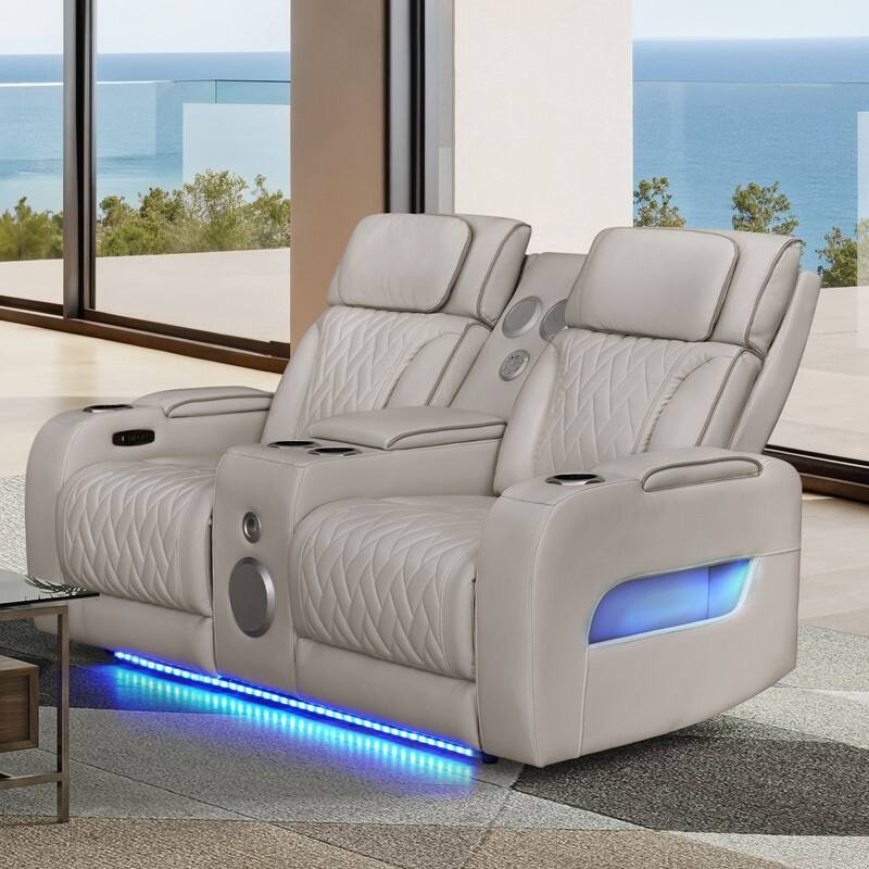 Jazz 74"W Leather Aire Power Reclining Loveseat w/Power Headrest, Bluetooth Speakers, LED, USB Ports, Storage & Cupholders