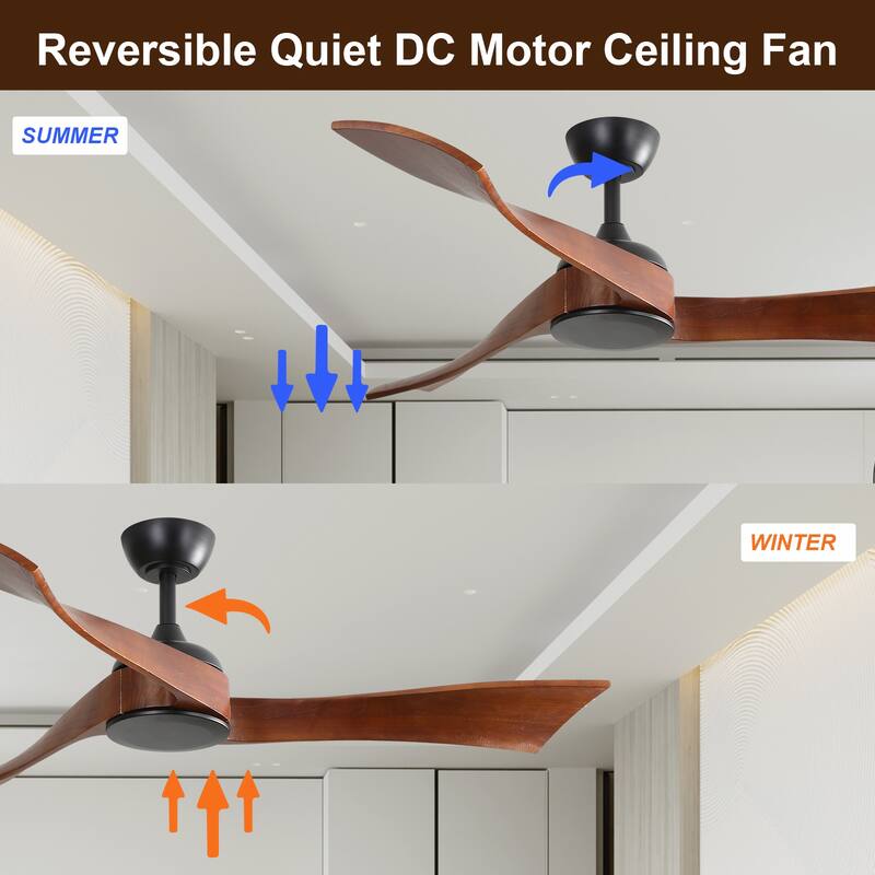 3 Solid Wood Blade Propeller Ceiling Fan / 52 Inch Ceiling Fan Without Light / 6 Speed Reversible DC Motor Ceiling Fan