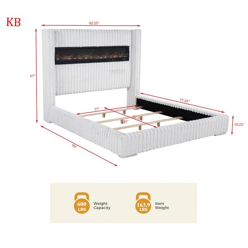 Best Master Furniture Noemie Luxe Modern Upholstered Velvet Panel Bed with Integrated Fireplace Display