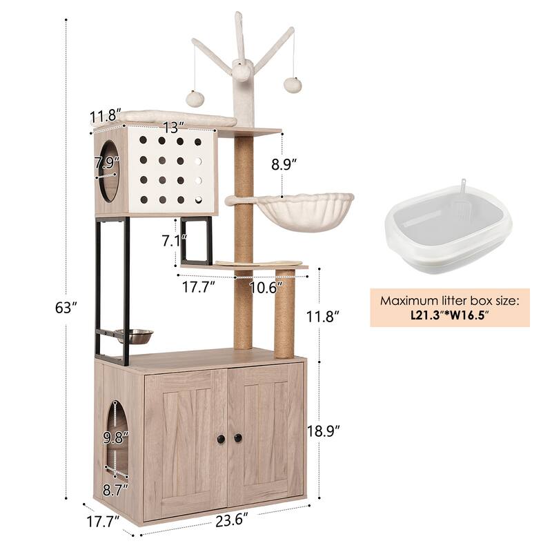 Cat Tree with Litter Box Enclosure - Modern Cat Condo with Scratching Posts, Feeding Bowl & Removable Pompom Sticks - White+gray