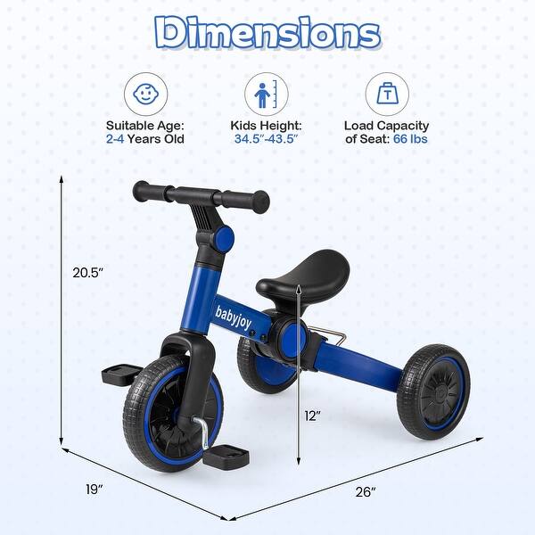 dimension image slide 1 of 2, Gymax 5-In-1 Toddler Bike Kids Balance Bike w/ Removable Pedals