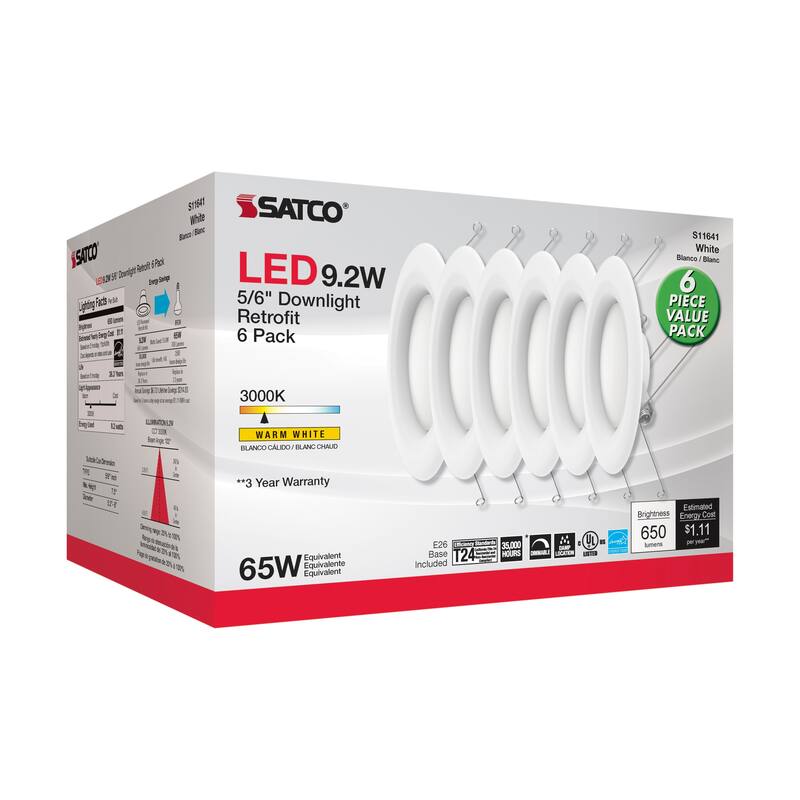 9.2 Watt LED Downlight Retrofit 5-6 inch- 90 CRI 3000K 120 Volt Pack of 6