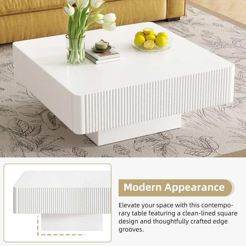 31.6" Modern Elegant Square Fluted Coffee Table with 7.1" Thick Tabletop