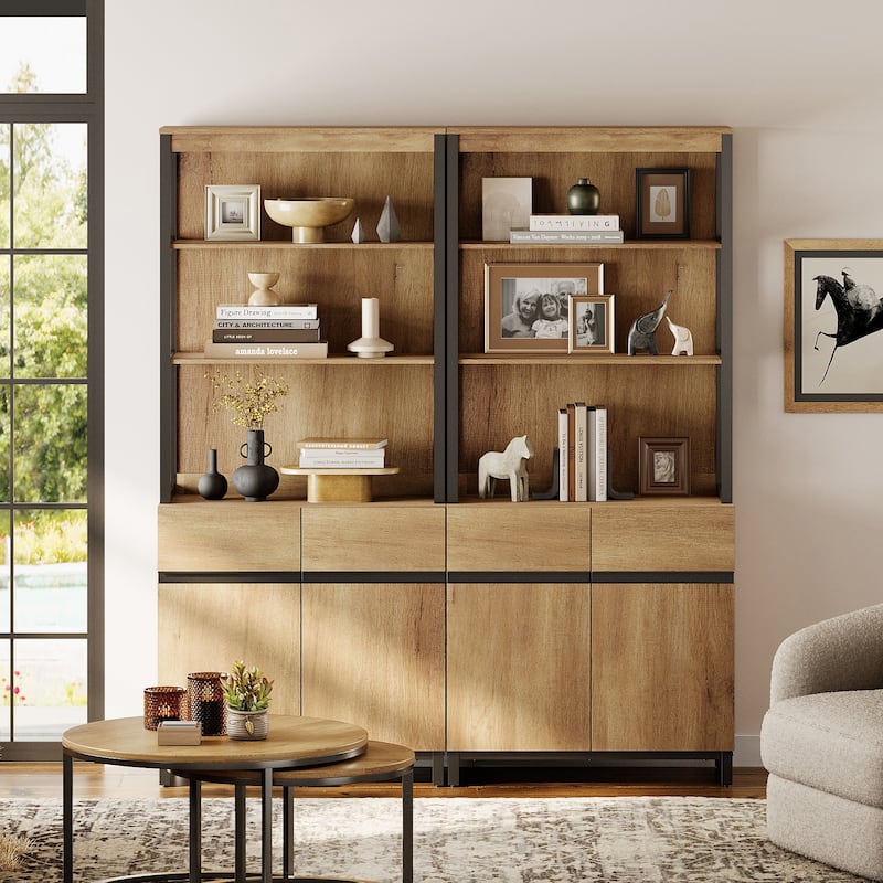 WAMPAT Modern 72" Tall Bookcase with Metal Base and Adjustable Shelves, Library Book Shelf with Storage Cabinet - Oak - 2 Piece