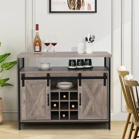Wooden Cabinet Sideboard Dining Buffet with Drawers, 9 Wine Rack Gray
