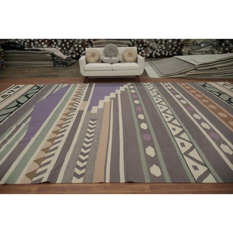 Hand Woven Oriental 100% Wool Carpet Southwestern Tribal Greys & Charcoal Kilim Area Rug - 18' 3'' X 11' 10''
