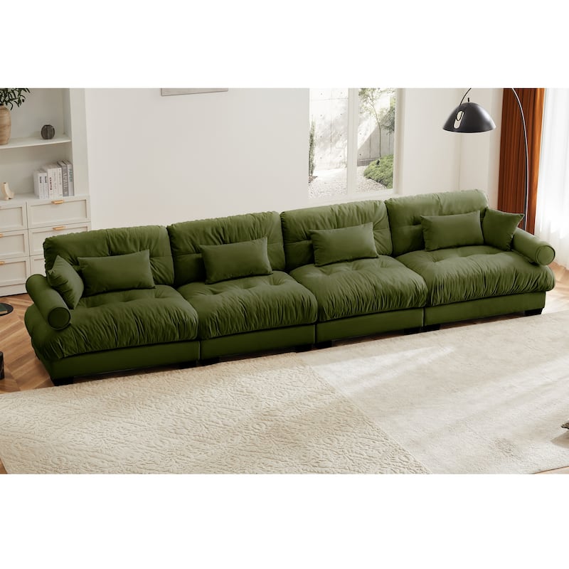 166" Velvet 4-Seater Sofa, Bolster Arms and High-Resilience Cushions