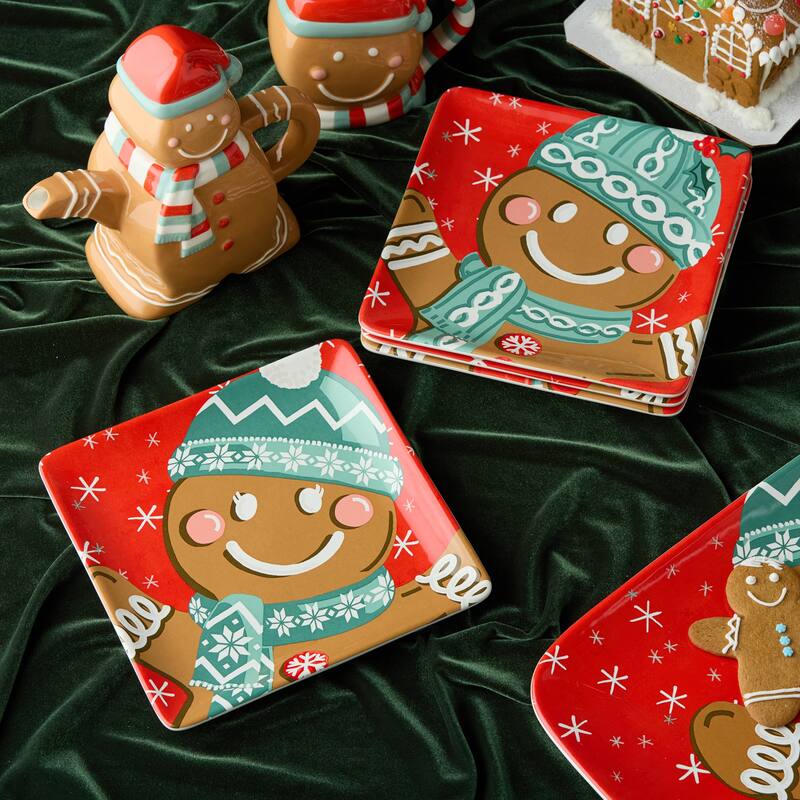 Certifed International Christmas Whimsy Gingerbread Set of 4 Dessert/Salad Plates 8.5" Assorted Designs - 8.5 L x 8.5 W x 1 H