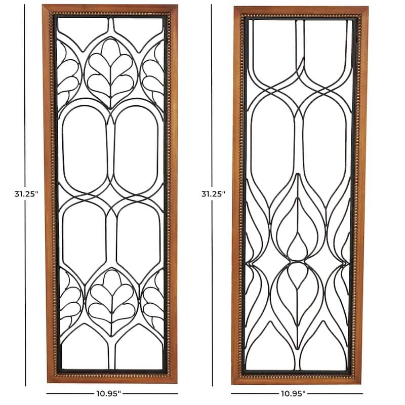 Metal Geometric Wire Cutout Home Wall Decor with Beaded Accents and Brown Wood Frames - Set of 2 Black - Roche River Decor