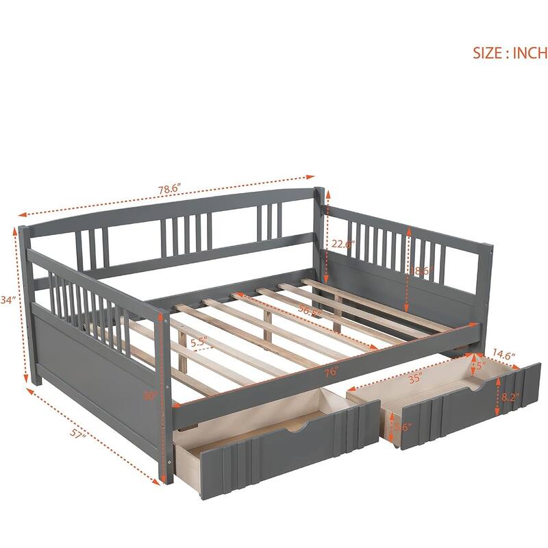 Daybed with Two Drawers, Solid Wood Frame, Guardrails, No Box Spring Needed