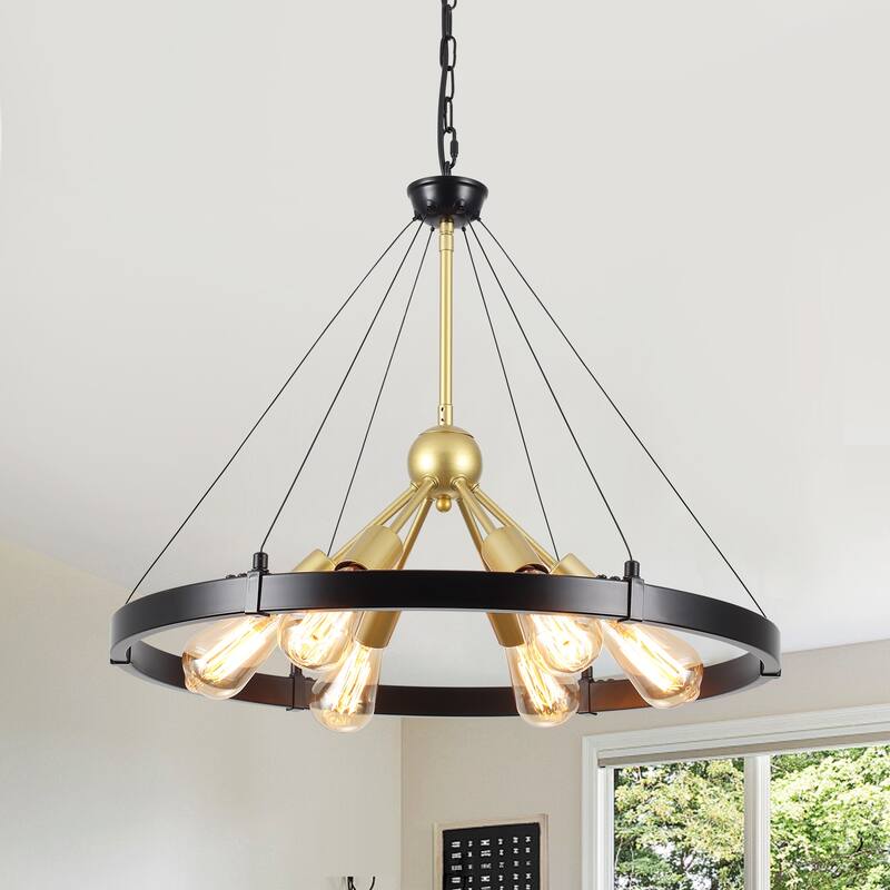 6-Light Dimmable Sputnik Chandelier, Farmhouse Wagon Wheel Chandelier for Dining Room Living Room Bedroom Kitchen