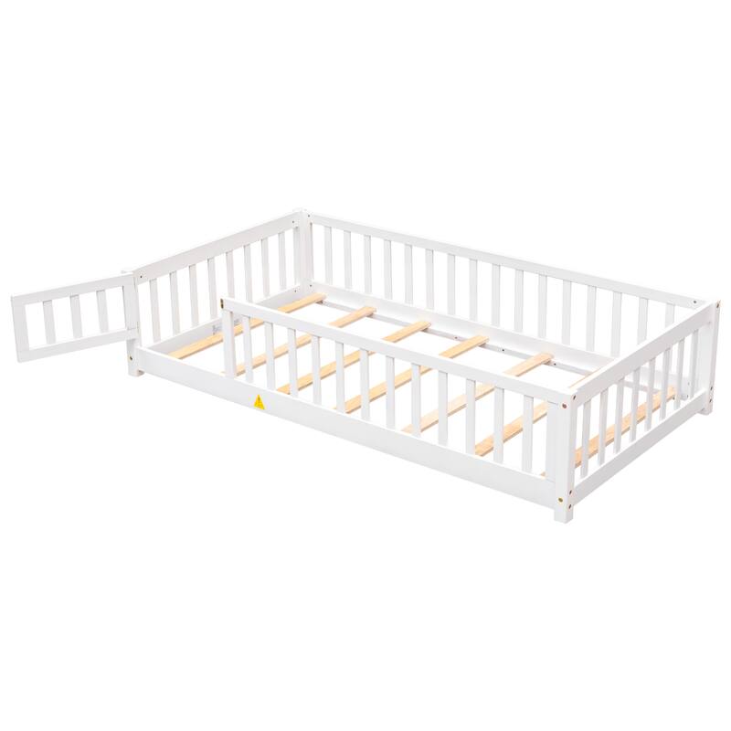 Twin size Floor Platform Bed with Fence and Door