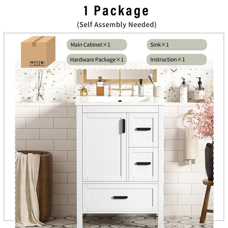 Modern 24-inch Bathroom Vanity with Ceramic Sink, Soft-Close Door, Double-Layer Door Shelf, and 3 Drawers