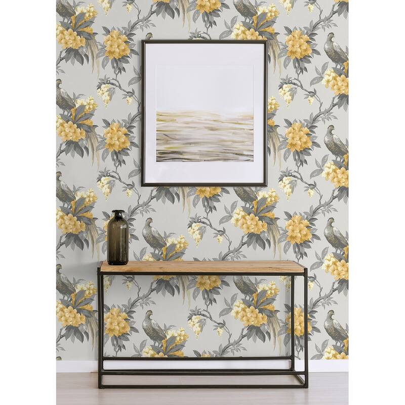 Brewster Golden Pheasant Grey Floral Wallpaper