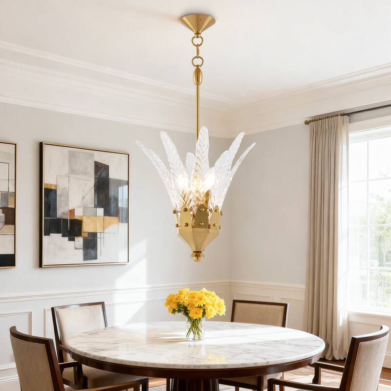 17" Modern Brass 3-Light Leaf Etched Glass Kitchen Chandelier Pendant Light