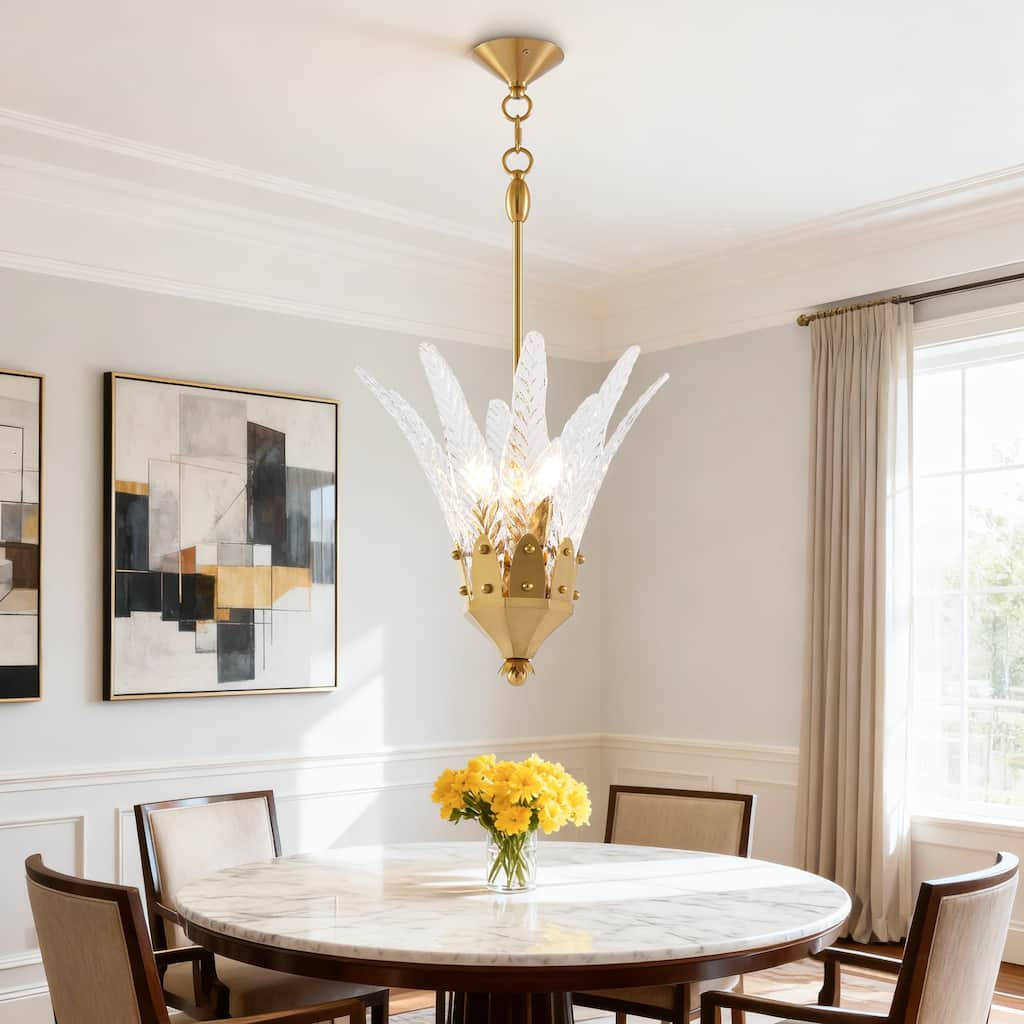 17" Modern Gold 3-Light Leaf Etched Glass Pendant Chandelier for Kitchen Island