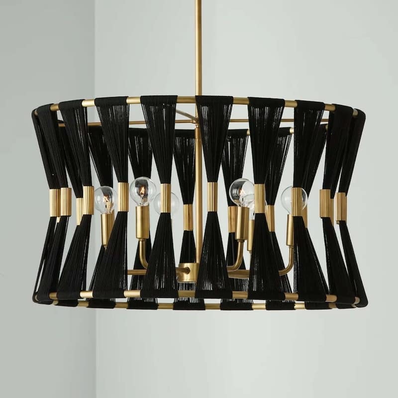 6-light Modern Boho Hand-wrapped Woven Chandelier Natural Ivory Rope Fabric Drum Pendant Light