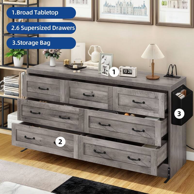 Moasis 6-Drawer 7-Drawer Double Dresser with Power Outlet and Organizer Bag