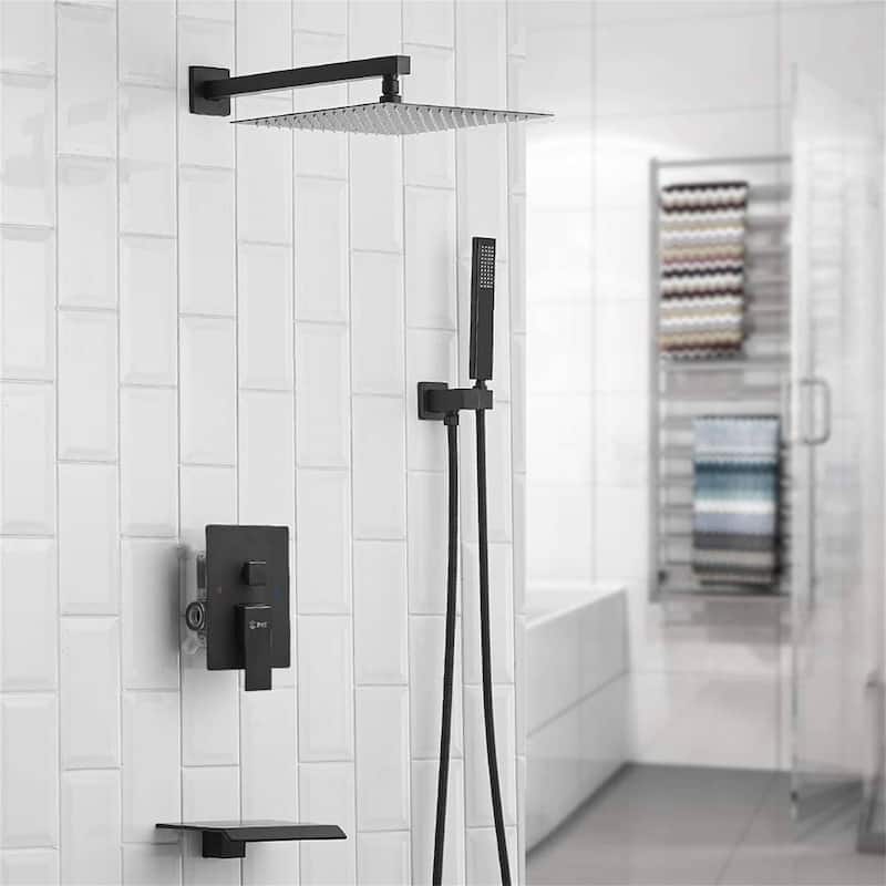 Wall Mount Tub Shower System With Handheld Black Shower Faucet Set With 10 Inch Shower Head Kit Trim With Pressure Balance Valve