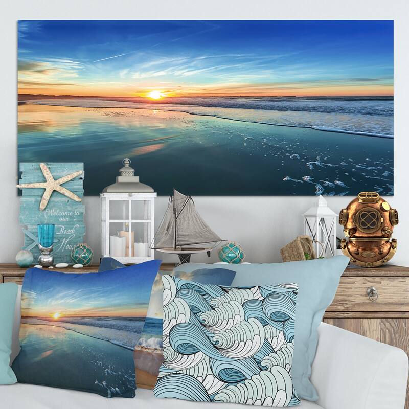 Blue Seashore with Distant Sunset - Seashore Canvas Wall Art - 60 in. wide x 28 in. high - 1 Panel