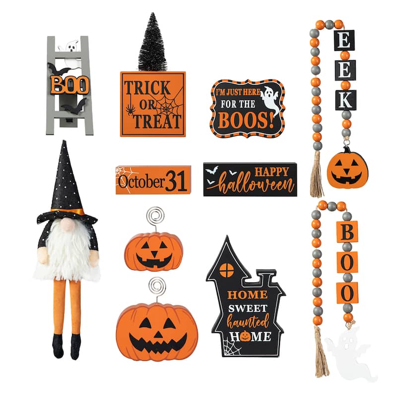 Glitzhome Halloween Christmas Gnome Pumpkin Block Set Word Sign Table Decor with Tiered Tray