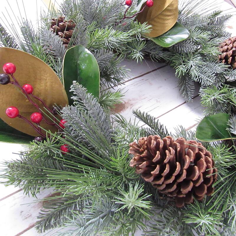 Artificial Mixed Berry Pine Cone Magnolia Leaf & Pine Christmas Wreath 24in - 24" L x 24" W x 5.5" DP