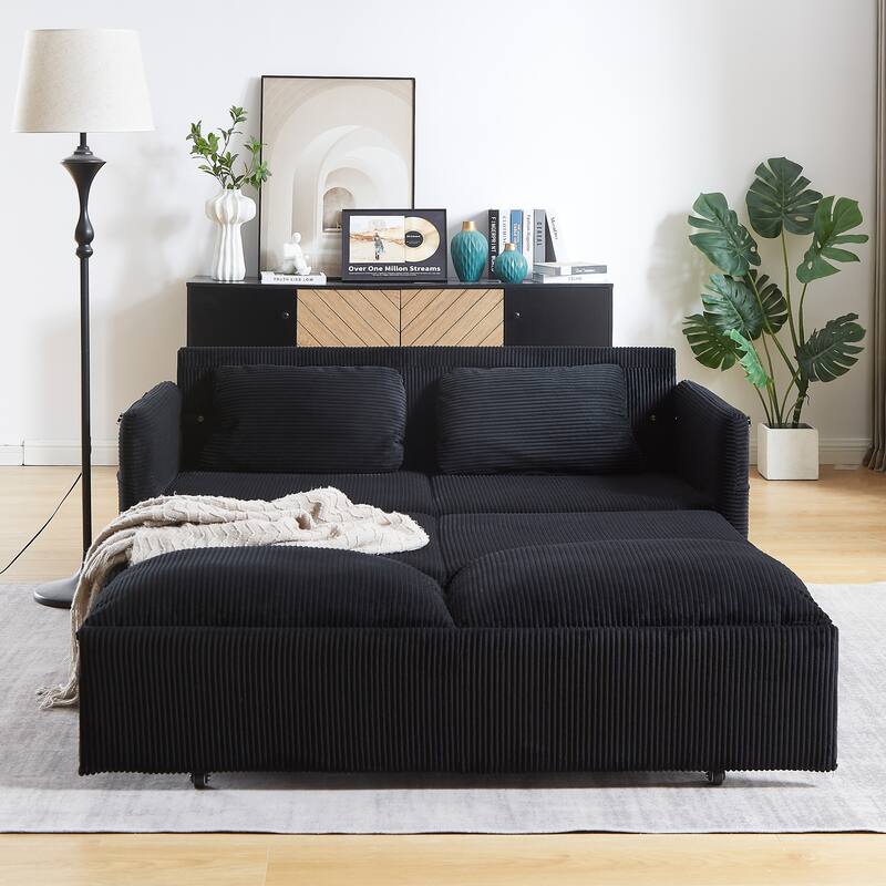 3-in-1 Adjustable Sleeper Sofa Bed Corduroy Loveseat Couch with 2 Back Pillows, Detachable Armrest Pillows and Side Pockets
