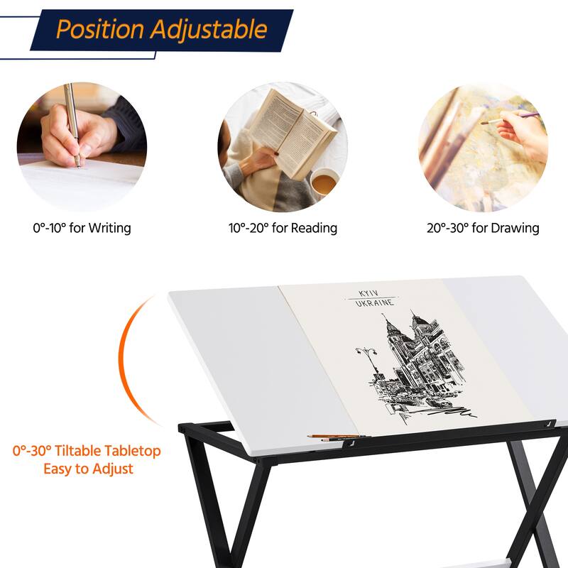 Yaheetech Minimalist Drafting Table with Adjustable Tabletop & Pencil Ledge, White