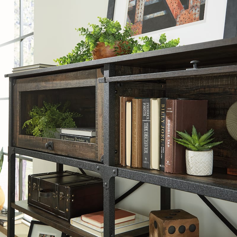 Wood Hutch with Glass Doors and Adjustable Shelves, Brown - 66.14" W x 14.06" D x 38.50" H