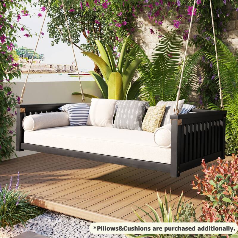 Patio Twin Size Garden Swing Bed Wood Porch Swing with Ropes