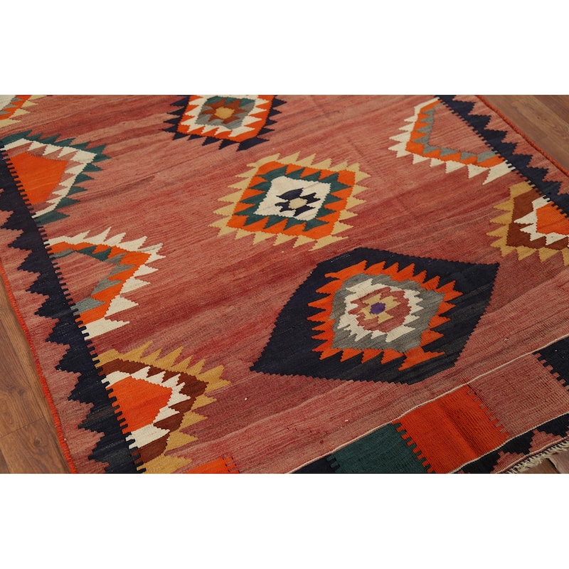Vegetable Dye Kilim Qashqai Persian Rug Hand-Woven Vintage Wool Carpet - 4'4"x 6'6"