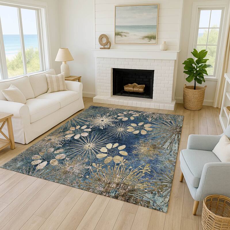 Machine Washable Indoor/ Outdoor Floral Geo Chantille Rug