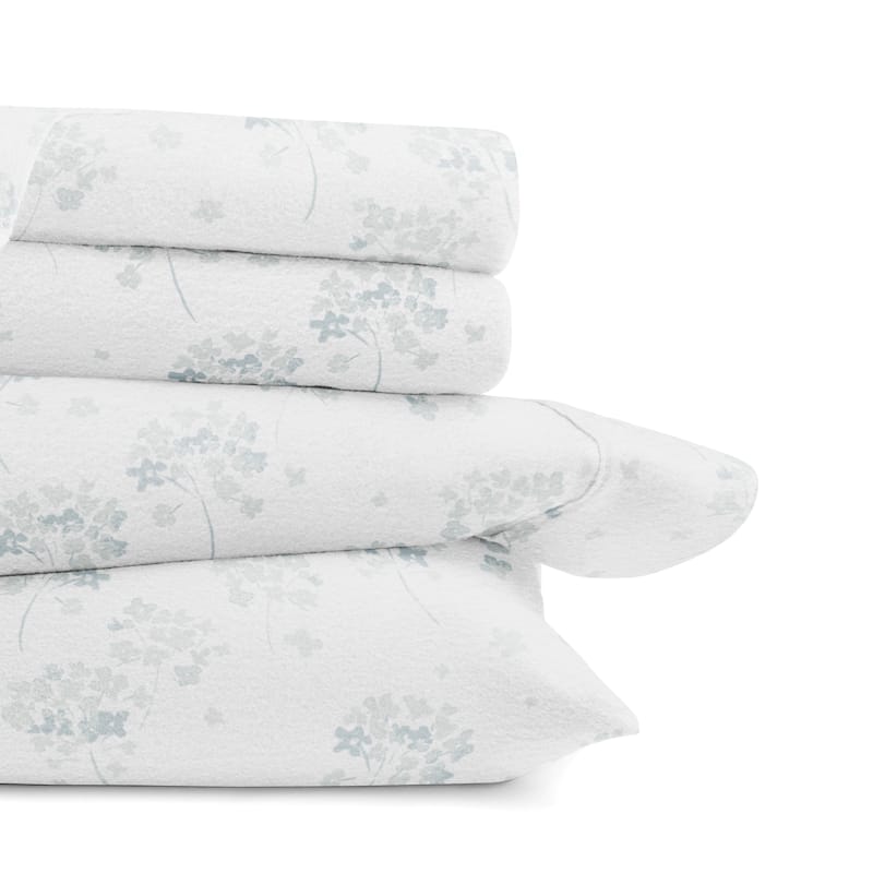 Becky Cameron Flower Bunch 4 Piece 100% Cotton Brushed Flannel Deep Pocket Bed Sheet Set - California King - Light Blue