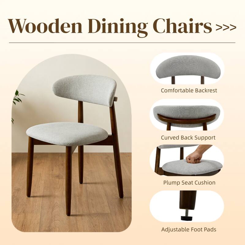Wooden Dining Chairs Set of 2, Modern Fabric Upholstered Dining Room Chair with Curved Back, with Adjustable Foot Pads